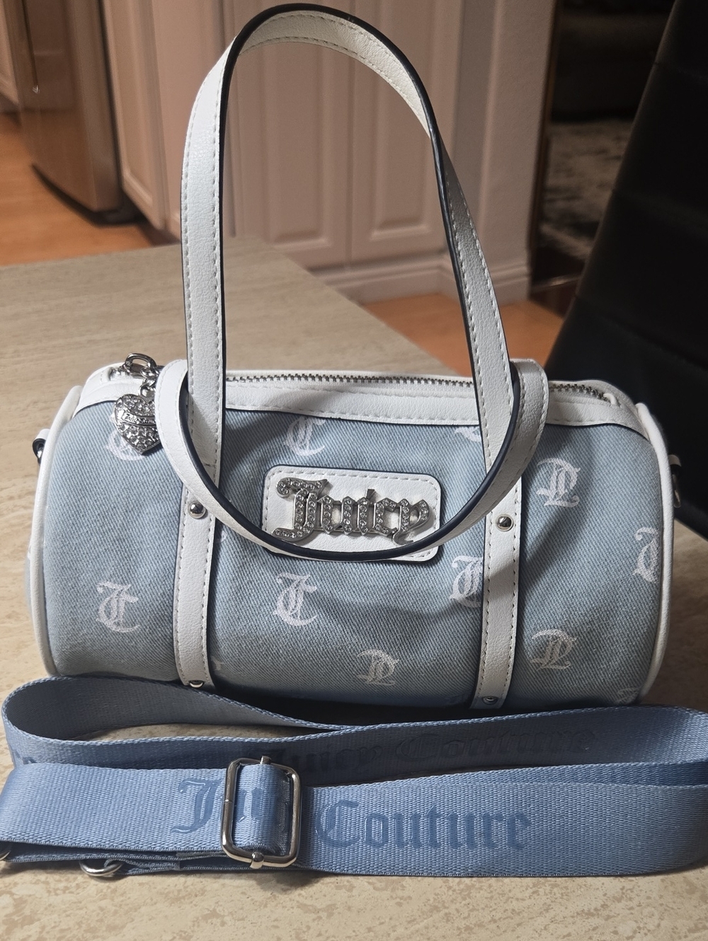 Juicy Couture Light Blue Monogram Barrel Bag with White Trim